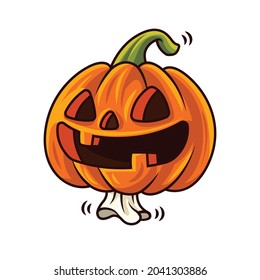 Happy Halloween. Cartoon cute pumpkin ghost with crazy laughing. Vector mascot.