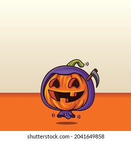 Happy Halloween. Cartoon cute pumpkin with grim reaper costume on empty space background