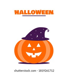 Happy Halloween. Cartoon cute style pumpkin. A pumpkin character wearing a witch hat. A smiling pumpkin character. Illustration vector.