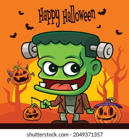 Happy Halloween. Cartoon cute zombie holding orange pumpkin lantern on creepy background with dried tree