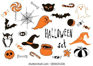 Happy halloween cartoon doodle black orange set.  Cute carachters with lettering. Holiday party  background. Hand drawn design elements. For postcards, greetings, logo.  Vector stock collection.