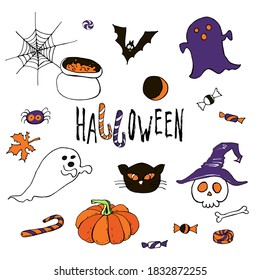Happy halloween cartoon doodle set.   Hand drawn festive design elements. Vector stock collection. Cute carachters with lettering. Holiday party  background. For postcards, greetings, cards, logo. 