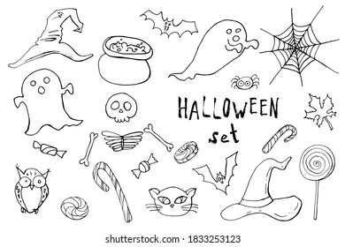 Happy halloween cartoon doodle set. Hand drawn line design elements. greeting card. Vector stock collection. Cute carachters with lettering. Holiday party background.  For postcards, greetings, logo. 