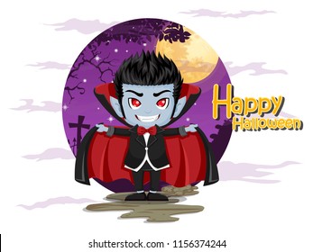 Happy Halloween. Cartoon Dracula Vampire in the night background . Vector illustration.