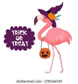 Happy Halloween. Cartoon flamingo with a hat. Funny vector illustration. Can be used as an element for cards, banners, posters.