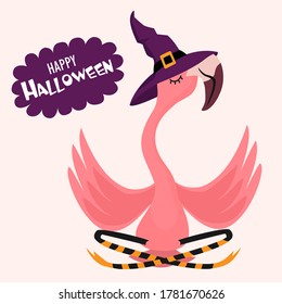 Happy Halloween. Cartoon flamingo with a hat. Funny vector illustration. Can be used as an element for cards, banners, posters.