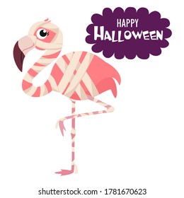 Happy Halloween. Cartoon flamingo in a mummy costume. Funny vector illustration. Can be used as an element for cards, banners, posters.