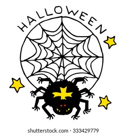 Happy Halloween cartoon flat icon with spider in a web. Bright hand made illustrations isolated on white background for posters, stickers, calendars, games, children books, web.