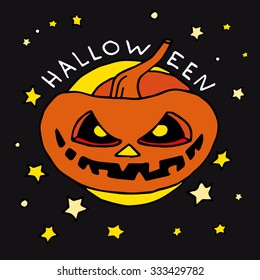 Happy Halloween cartoon flat icon with pumpkin. Bright hand made illustrations isolated on black background for posters, stickers, calendars, games, children books, web.