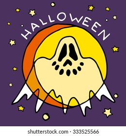 Happy Halloween cartoon flat icon with ghost. Bright hand made illustrations isolated on purple background for posters, stickers, calendars, games, children books, web.