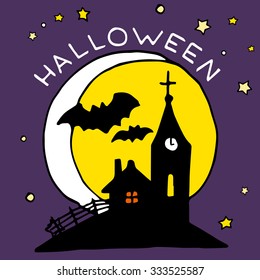 Happy Halloween cartoon flat icon with haunted castle and bats. Bright hand made illustrations isolated on purple background for posters, stickers, calendars, games, children books, web.