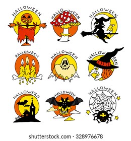 Happy Halloween cartoon flat icons. Set of bright hand made illustrations isolated on white background. Doodles for posters, stickers, calendars, games, children books, web.