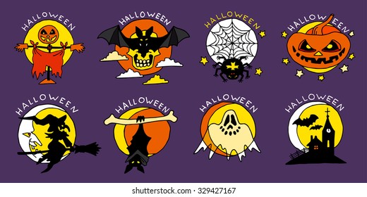 Happy Halloween cartoon flat icons. Set of bright hand made illustrations isolated on purple background. Doodles for posters, stickers, calendars, games, children books, web.