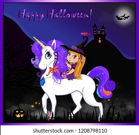 Happy Halloween cartoon greeting card with cute baby witch girl on beautiful magical unicorn on night full moon scary landscape background with castle, bats, cemetery and jack. Vector illustration.