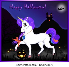 Happy Halloween cartoon greeting card of cute magical unicorn with purple hair on night full moon spookyl andscape background with castle, bats, cemetery, pumpkin jack. Vector illustration, postcard.