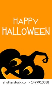 Happy Halloween cartoon greeting card. Smiling pumpkin with glowing eyes and mouth. Black spooky silhouette isolated on orange background. Minimalist design for Halloween party invitation, poster.