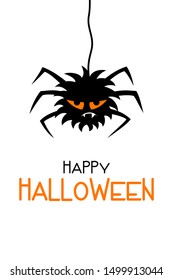 Happy Halloween cartoon greeting card. Scary spider with orange eyes hanging on cobweb. Black spooky silhouette of spider isolated on white background. Flat style character. Vector illustration.
