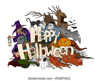 Happy Halloween Cartoon, a hand drawn vector cartoon illustration of various monsters celebrating Halloween.