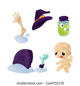 Happy Halloween. Cartoon icon set for halloween kid design. Isolated on white