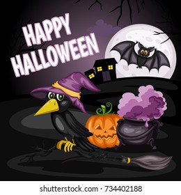 Happy Halloween Cartoon Illustration with a Bat, Witch Raven, Jack O' Lantern, Cauldron and Broom