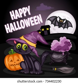 Happy Halloween Cartoon Illustration with a Bat and Witch Cat, Jack O' Lantern, Cauldron and Broom