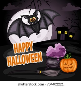 Happy Halloween Cartoon Illustration with a Black Bat Flying on the Moon, Cauldron, Jack O' Lantern Pumpkin, Broom