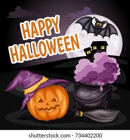 Happy Halloween Cartoon Illustration with a Jack O' Lantern Pumpkin, Witch Cauldron and Broom