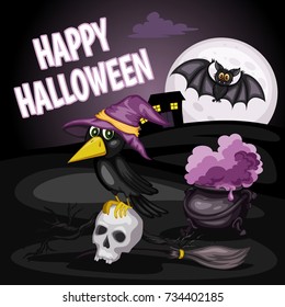 Happy Halloween Cartoon Illustration with a Raven on Skull, Bat, Jack O' Lantern, Cauldron and Broom