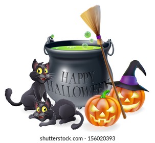 A happy Halloween cartoon illustration of witches cauldron, cats and carved pumpkins