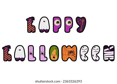 Happy Halloween cartoon lettering. decorated with ghost, witch hat, eye, broom, spider, pumpkin, mummy