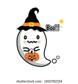 Happy halloween cartoon. Little ghost with pumkin lantern.