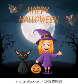 Happy Halloween. Cartoon little witch and black cat. vector illustration