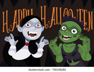 Happy Halloween cartoon poster with funny characters. Vampire and zombie with scary face. Vector illustration with dark background. 