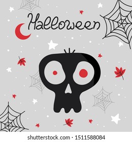 Happy halloween cartoon poster with skull. Hand drawn vector illustrations