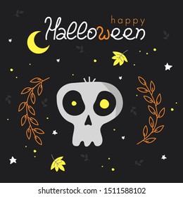 Happy halloween cartoon poster with skull. Hand drawn vector illustrations