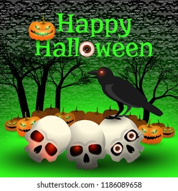 Happy halloween cartoon poster with symbols of black raven sitting on skulls flat vector illustration