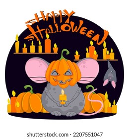 Happy halloween with cartoon pumpkin mouse and candles.