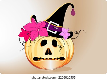 Happy Halloween Cartoon pumpkin with smiling hat, pumpkin leaves and flowers for halloween vector,  pumpkins with smiles for your design Halloween