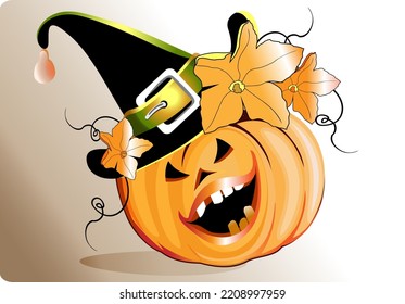 Happy Halloween Cartoon pumpkin with smiling hat, Orange pumpkins with smiles,pumpkin leaves and flowers for halloween vector