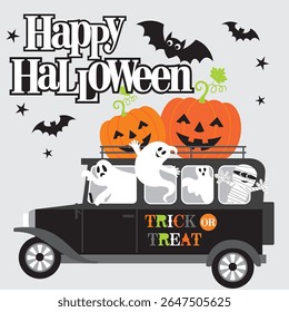 Happy Halloween Cartoon with Pumpkins, Ghosts, and a Mummy in a Car