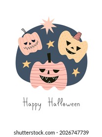 Happy Halloween. Cartoon pumpkins, stars, hand drawing lettering, decor elements. Colorful vector illustration, flat style. design for cards, print, poster