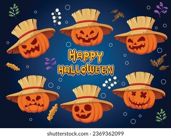 Happy Halloween Cartoon Pumpkins Wearing A Straw Hat Icons Set. Halloween pumpkin engraving vector illustration. Use he produck for printing