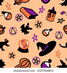 Happy halloween cartoon seamless pattern. Perfect print for tee, paper, textile and fabric. Doodle vector illustration for decor and design.