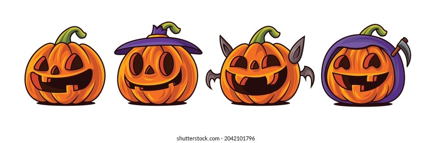 Happy Halloween. Cartoon set of cute Jack O Lantern pumpkin with funny face expression.