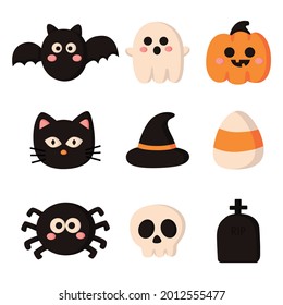 happy halloween cartoon simple elements set isolated on white background. vector illustration.