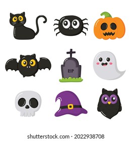 happy halloween cartoon simple elements set isolated on white background. vector illustration.