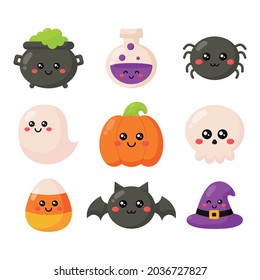 happy halloween cartoon simple elements set isolated on white background. vector illustration.