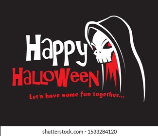 Happy Halloween. Cartoon skull ghost character with black cloak. Happy Halloween lettering on black background. - vector character