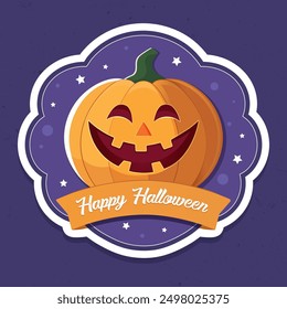 Happy Halloween cartoon sticker on purple background. Vector hand drawn pumpkin. Label design with cute pumpkin and stars. Comic style.