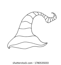 Happy Halloween. Cartoon striped witch hat with buckle isolated on white background. Children kid costume masquerade party. Design element for Halloween.